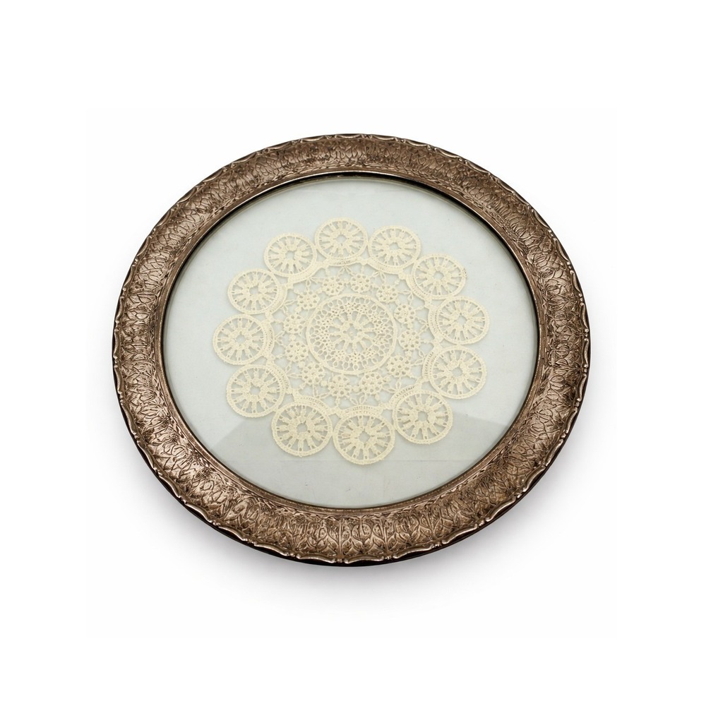 Vintage Silver Tone Glass Lace Doily Tray Round Embossed Floral Platter 12.5"